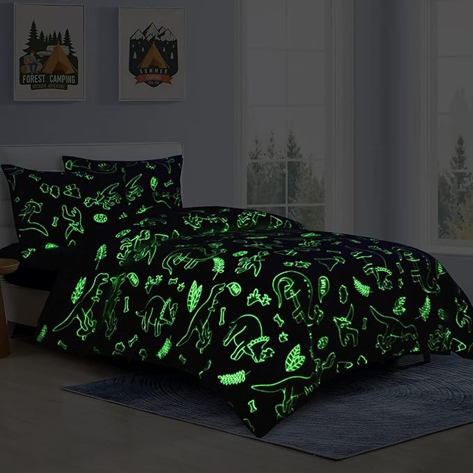 HOMBYS Glow in The Dark Comforter Set 7 Piece Full with Sheets, Blue Dinosaur Velvet Bedding Comforter Sets for Twin Bed, Ultra Soft Down Alternative Comforter for Boys Kids, Bed in a Bag