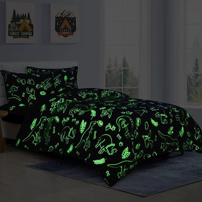 HOMBYS Glow in The Dark Comforter Set 7 Piece Full with Sheets, Blue Dinosaur Velvet Bedding Comforter Sets for Twin Bed, Ultra Soft Down Alternative Comforter for Boys Kids, Bed in a Bag