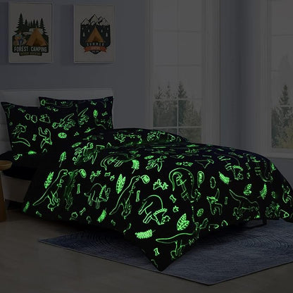 HOMBYS Glow in The Dark Comforter Set 5 Piece Twin/Twin XL with Sheets, Blue Dinosaur Velvet Bedding Comforter Sets for Twin Bed, Ultra Soft Down Alternative Comforter for Boys Kids, Bed in a Bag