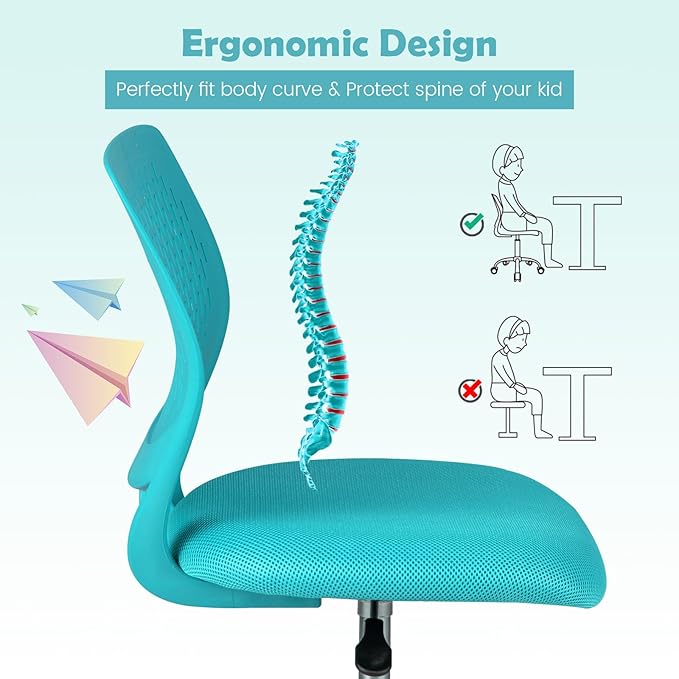 Kids Desk Chair, Ergonomic Kids Office Chair Ages8-12 w/Lumbar Support, Low-Back Teen Desk Chair for Girls Boys, Small Cute Kids Computer Chair for Bedroom/Study/Vanity Desk, Turquoise