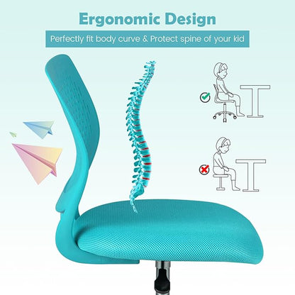 Kids Desk Chair, Ergonomic Kids Office Chair Ages8-12 w/Lumbar Support, Low-Back Teen Desk Chair for Girls Boys, Small Cute Kids Computer Chair for Bedroom/Study/Vanity Desk, Turquoise