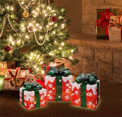 [Ultra-Large 16"x14"x11.5" Christmas Set of 3 Lighted Gift Boxes Decorations Pre-lit 91 Super-Bright LED with Flashers,for Indoor Outdoor Pathway Holiday Party Home(Warm White)