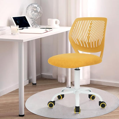 FurnitureR Kids Desk Chair, Small Adjustable Swivel Computer Task Chair with Plastic Backrest and Padded Seat Cushion, Fabric Armless Cute Rolling Child Office Chairs Study Chair, Yellow