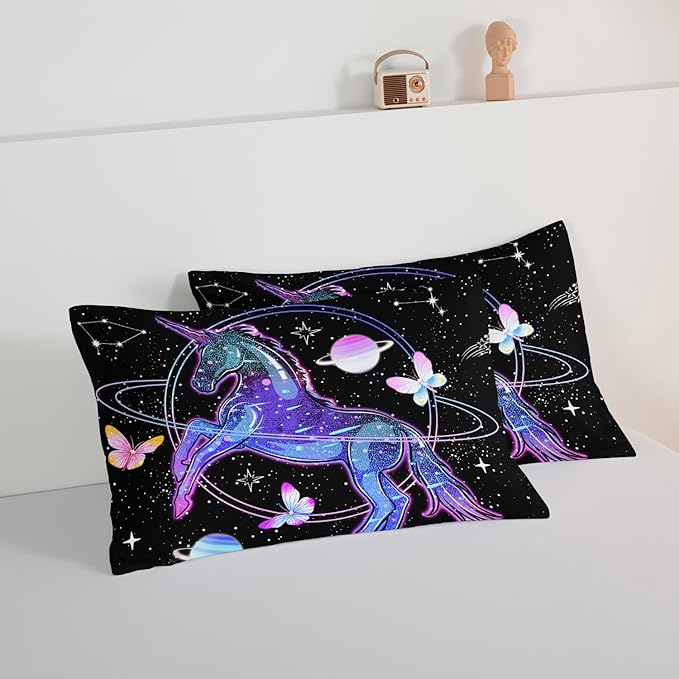 HOSIMA Unicorn Twin Bedding Sets for Girls Kids,Butterfly Star Empty Galaxy Comforter,Unicorn Bedroom Decor for Girls Boys,Soft Black Comforter Twin Bed in a Bag,Butterfly Crib Bedding Set.