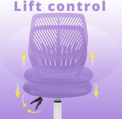 FurnitureR Teens Girls Task Chair 360 Swivel, Low Mid PP Mesh Back Fabric Seat, Height Adjustable, Rolling Castor, W15.7inces x D15.2inces x H29.5-34.2inches (Purple)