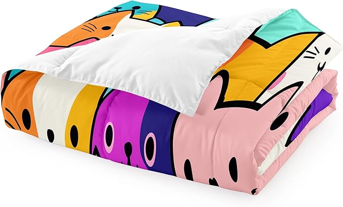 Cat Comforter Set Twin - Twin Size Comforter Set for Girls Cat Kids Cute Cat Bedding Twin Colorful Cartoon Cat Theme Bedding Sets, 1 Comforter+1 Pillowcase