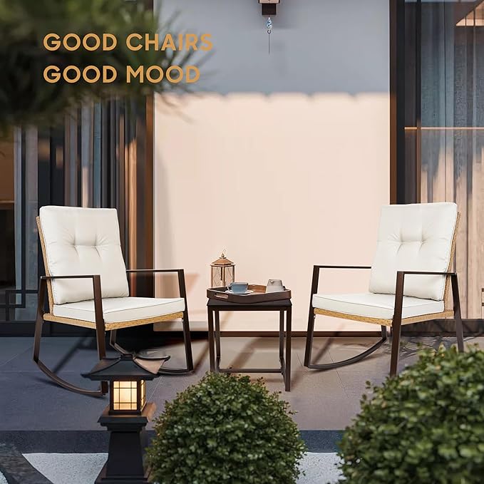 YIYAN 3 Pieces Patio Bistro Set Outdoor Rattan Wicker Rocking Chairs Set,Patio Outdoor Furniture Conversation Sets with Sofa Chairs,Glass Coffee Table and Washable cushion (Light Beige)