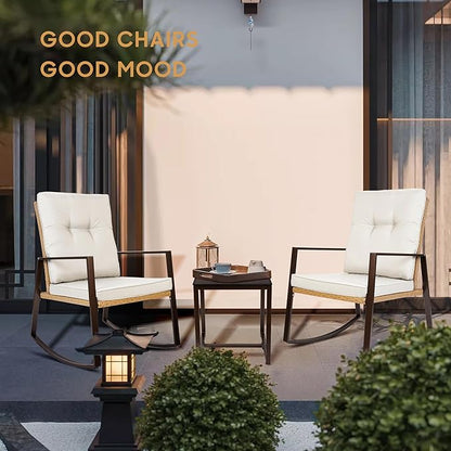 YIYAN 3 Pieces Patio Bistro Set Outdoor Rattan Wicker Rocking Chairs Set,Patio Outdoor Furniture Conversation Sets with Sofa Chairs,Glass Coffee Table and Washable cushion (Light Beige)