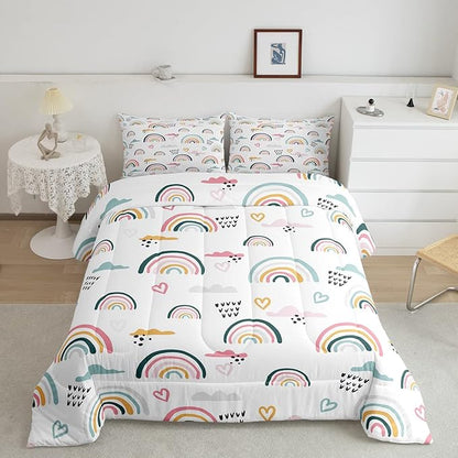 Erosebridal Rainbow Bedding Set for Kids Girls, Pink Love Heart Comforter Set Queen Size Cartoon Cloud Geometric Stripes Bedding Comforter for Boys Children Women Watercolor Art Girly Duvet Sets