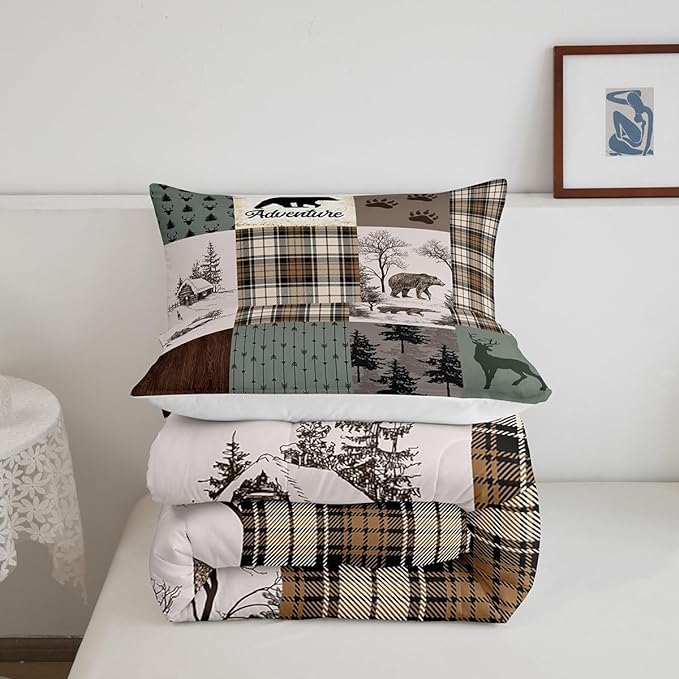 Rustic Farmhouse Kids Comforter Set Queen Size,Deer Antlers Bear Paws Plaids Patchwork Bedding Set for Boys Girls Adults Room Decor,Pine Trees Arrows Down Comforter,Xmas Duvet Insert,2 Pillowcases