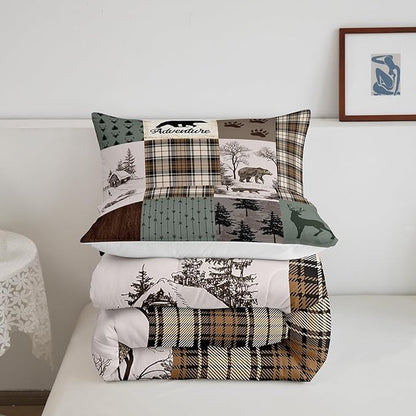 Rustic Farmhouse Kids Comforter Set Queen Size,Deer Antlers Bear Paws Plaids Patchwork Bedding Set for Boys Girls Adults Room Decor,Pine Trees Arrows Down Comforter,Xmas Duvet Insert,2 Pillowcases