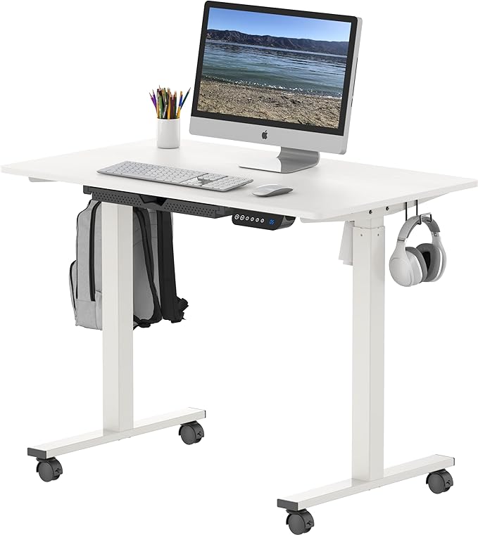 SHW Small Electric Height Adjustable Mobile Sit Stand Desk with Drawer, Hanging Hooks and Cable Management, 40 x 24 Inches, White