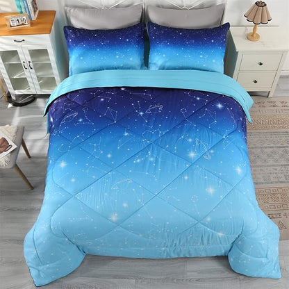 Wowelife Glitter Bedding Set Twin Comforter Set for Girls 5 Pieces Blue Galaxy Comforter Set Twin Bed Set Bed in a Bag with Sheets Comfortable and Breathable for Kids