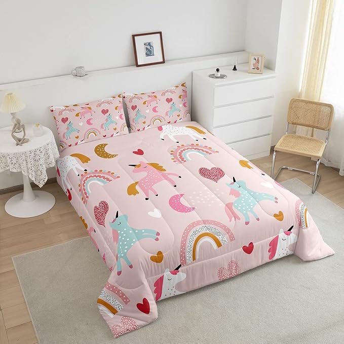 Feelyou Girls Unicorn Comforter Set Full Size Kids Cute Pink Rainbow Horse Decor Comforter for Unicorn Lover Daughter Bedding Set Boho Star Moon Duvet Set (1 Comforter + 2 Pillowcases, Full)