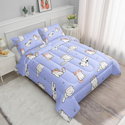 Datura home Purple Kawaii Cat Comforter Bedding Set for Girls Kitten Purple Print Cute Animal Pattern Bedding Set with 1 Comforter and 2 Pillowcases for Girls Bedroom All Season(Cat Purple Queen)