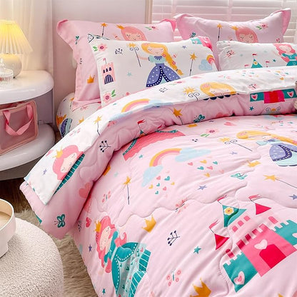 Wajade Kids Pink Princess Comforter Set Bed in A Bag Queen Size 7 Piece Princess Fairy Tales Castle Bedding Set for Girl (1 Comforter, 1 Flat Sheet, 1 Fitted Sheet, 2 Pillowcase and 2 Pillow Sham)
