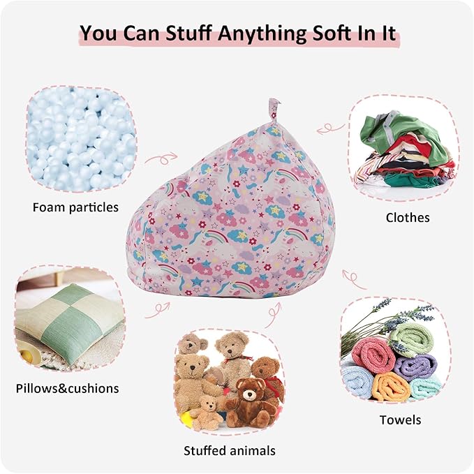 Nobildonna Stuffed Animal Storage Bean Bag Chair Cover Only for Kids Girls Toddler, Large Beanbag Chair without Filling for Organizing Children Soft Plush Toys
