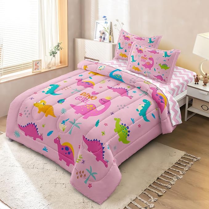 Girls Dinosaur Bedding Twin Green Pink Dinosaur Comforter Set, Cute Cartoon Down Comforter for Little Girls Teens Kids Adults Room Decor, Reversible Bed-in-a-Bag 5-Piece Bed Sets