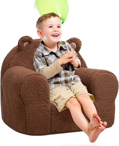 ALIMORDEN Kids Ultra-Soft Snuggle Foam Filled Chair, Toddler Cuddly Sherpa Sofa for Boys and Girls, Large Size Chair Better Support More Comfortable Experience, Caramel Bear