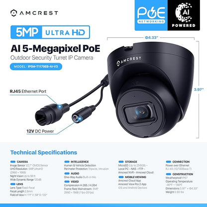 Amcrest 5MP Turret POE Camera, UltraHD Outdoor IP Camera POE with Mic/Audio, 5-Megapixel Security Surveillance Cameras, 98ft NightVision, 132° FOV, IP67, MicroSD (256GB) Black IP5M-T1179EB-AI-V3