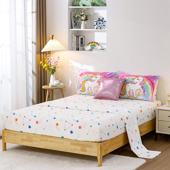 Aimuan Girls Unicorn Comforter Set 6 Pieces Pink Purple Bedding Set with Rainbow Star Galaxy Stars Fantasy Children Room Decor Soft Reversible Bed Sets for Boys/Girls/Teens (Rainbow Full6Pcs)