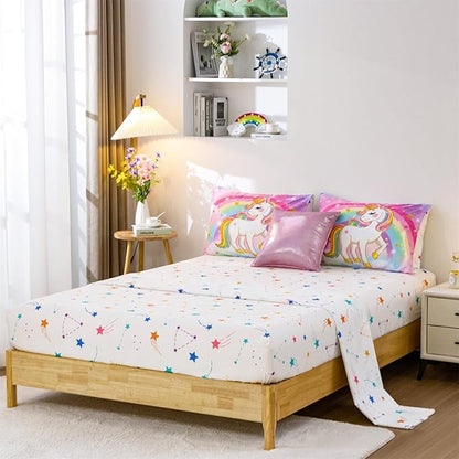 Aimuan Girls Unicorn Comforter Set 6 Pieces Pink Purple Bedding Set with Rainbow Star Galaxy Stars Fantasy Children Room Decor Soft Reversible Bed Sets for Boys/Girls/Teens (Rainbow Full6Pcs)