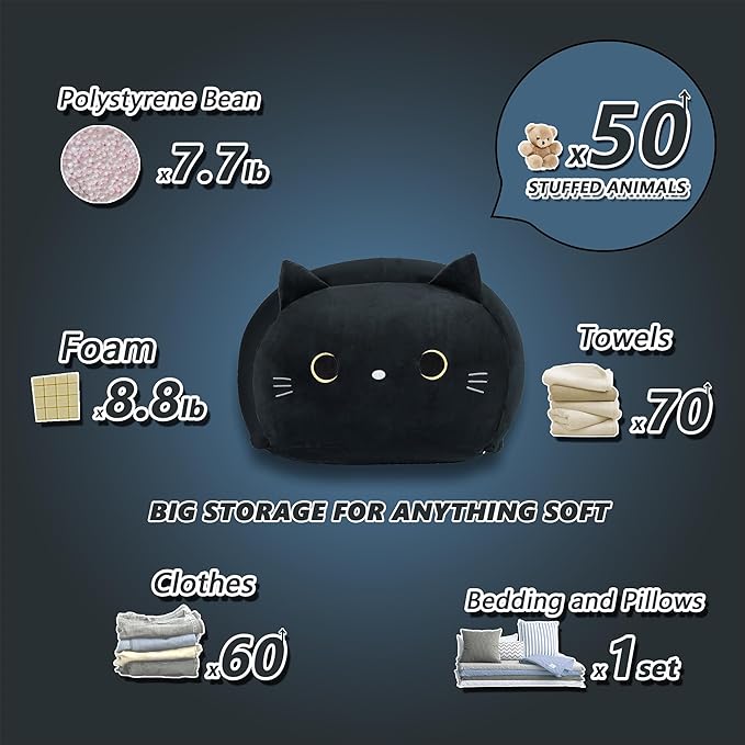 Stuffed Animal Storage Bean Bag Chair Cover for Kids Black Cat Beanbag Chair for Girls Large Size Toy Organizer Cover Only Without Filling