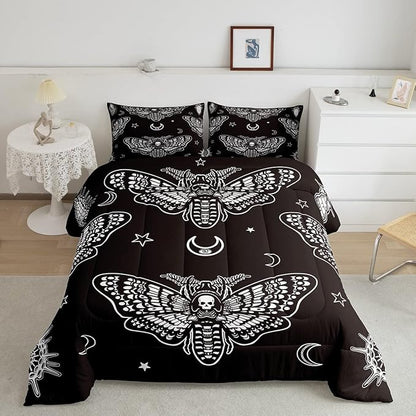 Boys Boho Moth Comforter Set Queen Size Men Gothic Skull Bedding Set for Girls Women Bedroom Decor Bohemian Moon Star Comforter Personalized Moth Skull Skeleton Bones Duvet Set Teens Quilt Set