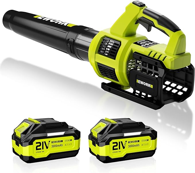 EWORK Cordless Leaf Blower with (2) 3.0Ah Battery and Fast Charger - 400CFM 21V Electric Leaf Blower Cordless, Variable Speed and Turbo Mode - Battery Powered Leaf Blowers for Lawn Care, Yard