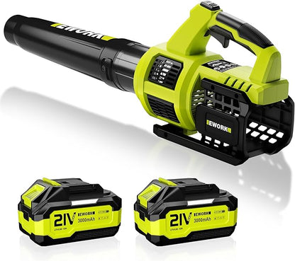 EWORK Cordless Leaf Blower with (2) 3.0Ah Battery and Fast Charger - 400CFM 21V Electric Leaf Blower Cordless, Variable Speed and Turbo Mode - Battery Powered Leaf Blowers for Lawn Care, Yard