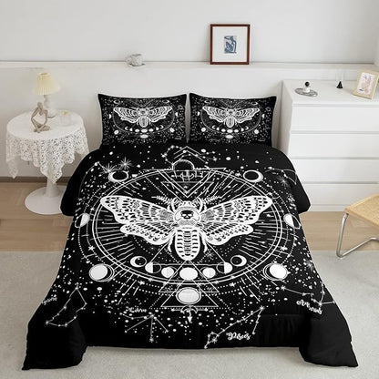 Kids Boho Moth Comforter Set Queen Boys Gothic Skull Bedding Set For Men Women Bedroom Decor Bohemian Moon Starry Sky Comforter Exotic Moth Skull Skeleton Bones Duvet Set Teens Quilt Set, Black White