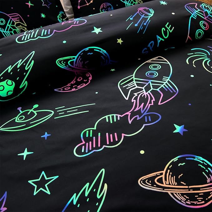 Aimuan Space Rocket Bedding Set Kid Comforter Set Full Size Super Soft & Cute Aliens UFO Printed Quilt Set for Teen Boys Girls (Black, Full)