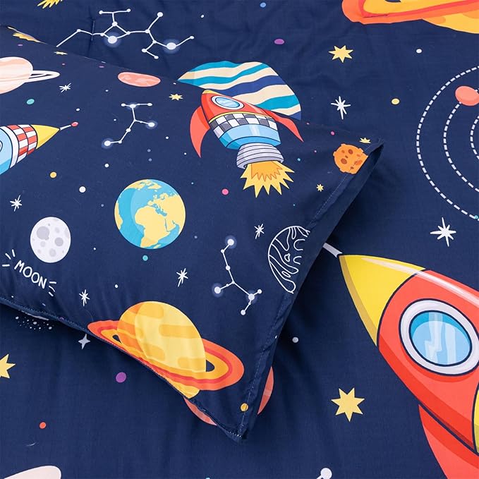 Aimuan Space Comforter Twin Set Kids Rocket Bedding Set Super Soft & Cute Aliens UFO Printed for Boys Girls Teen (Navy, Full 5Pcs)