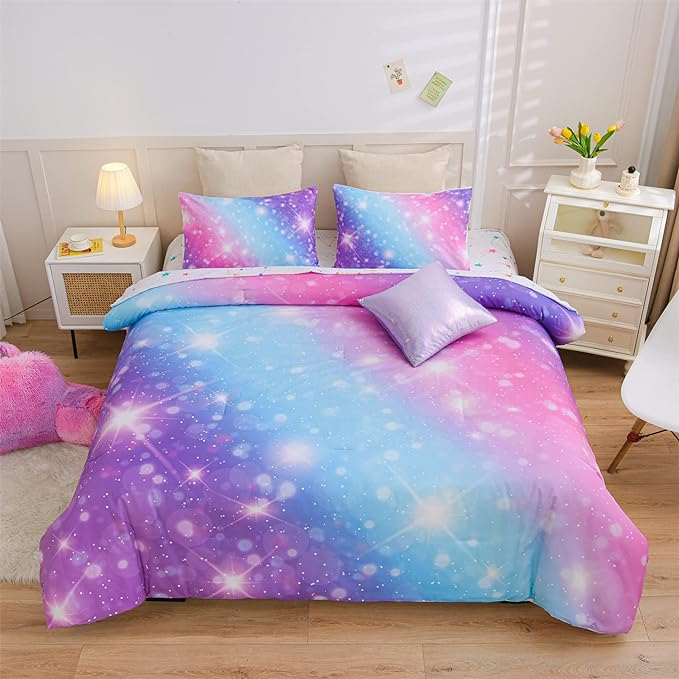 A Nice Night 6Pcs Gradient Glitter Bedding Set for Girls, Colorful Rainbow Galaxy Comforter Set, Ultra Soft Bedding Sets (Purple,Queen 6Pcs)