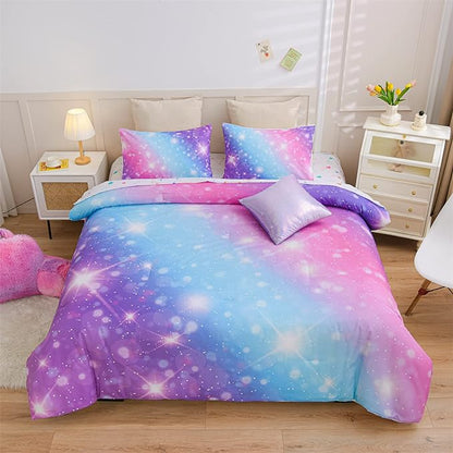 A Nice Night 6Pcs Gradient Glitter Bedding Set for Girls Full Size, Colorful Rainbow Galaxy Comforter Set, Ultra Soft Bedding Sets, Purple