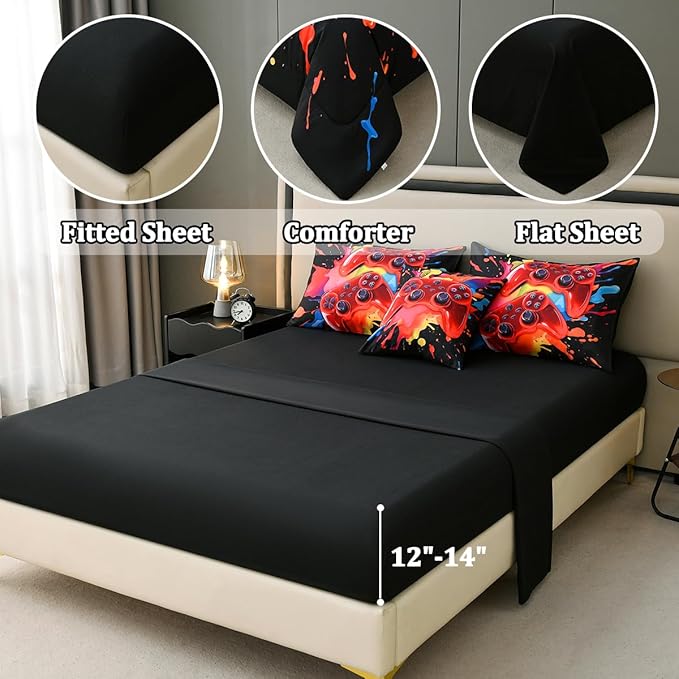 Gamer Comforter Set for Boys Kids, 6 Pcs Bed in a Bag Game Controller Boys Bediing Set Twin Size for All Season