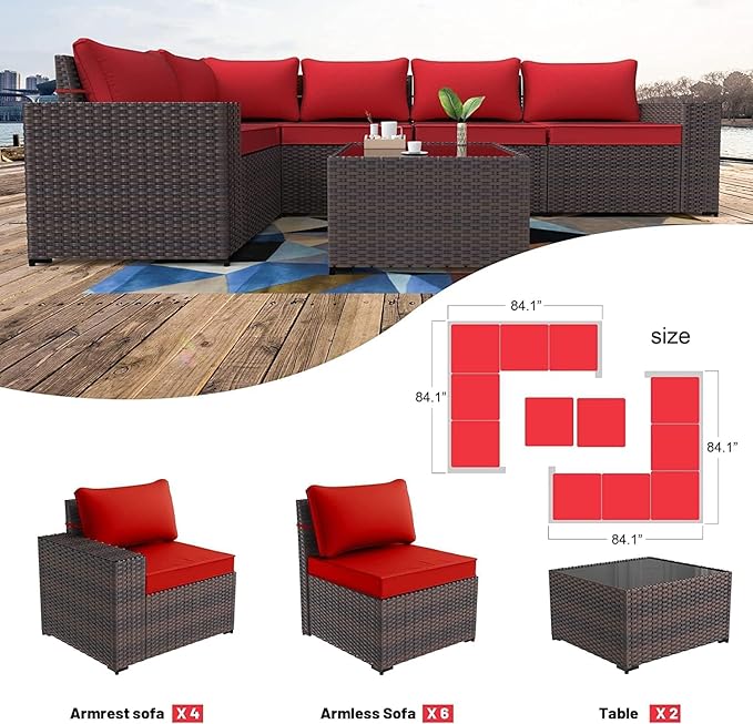 Kullavik 12PCS Outdoor Patio Furniture Set PE Wicker Rattan Sectional Sofa Patio Conversation Sets,Red