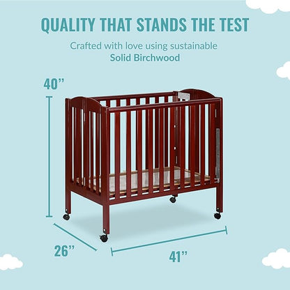 Dream On Me 3 in 1 Portable Folding Stationary Side Crib in Cherry, Greenguard Gold Certified, Safety Wheel with Locking Casters, Convertible, 3 Mattress Heights