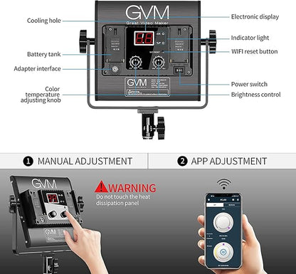 GVM 3 Pack LED Video Lighting Kits with APP Control, Bi-Color Variable 2300K~6800K with Digital Display Brightness of 10~100% for Video Photography, CRI97+ TLCI97 Led Video Light Panel +Barndoor