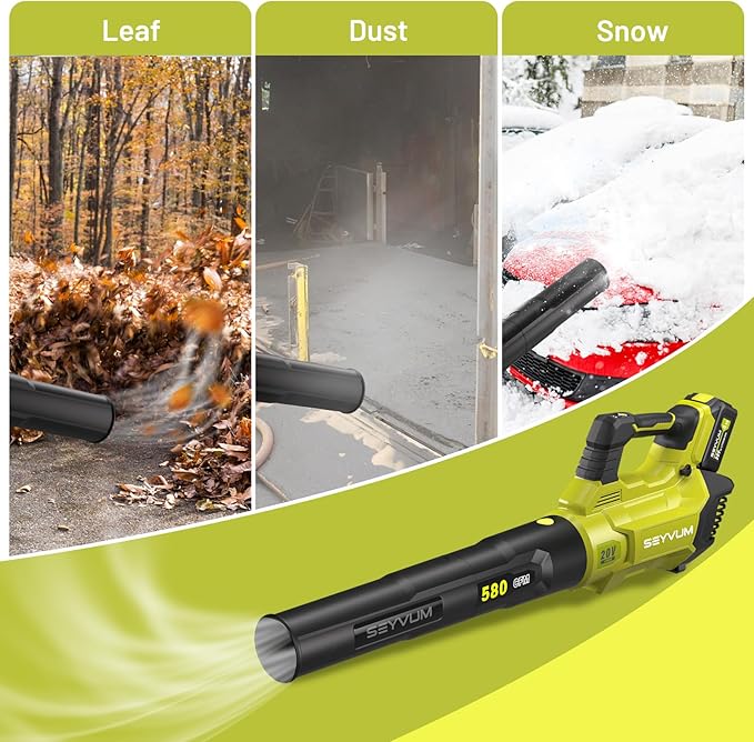 SEYVUM Leaf Blower - 580CFM 20V Leaf Blower Cordless with 2 X 4.0Ah Battery & Charger, 3-Speed Dial Electric Blower Handheld, Lightweight Powerful Battery Operated for Lawn Care, Jobsite
