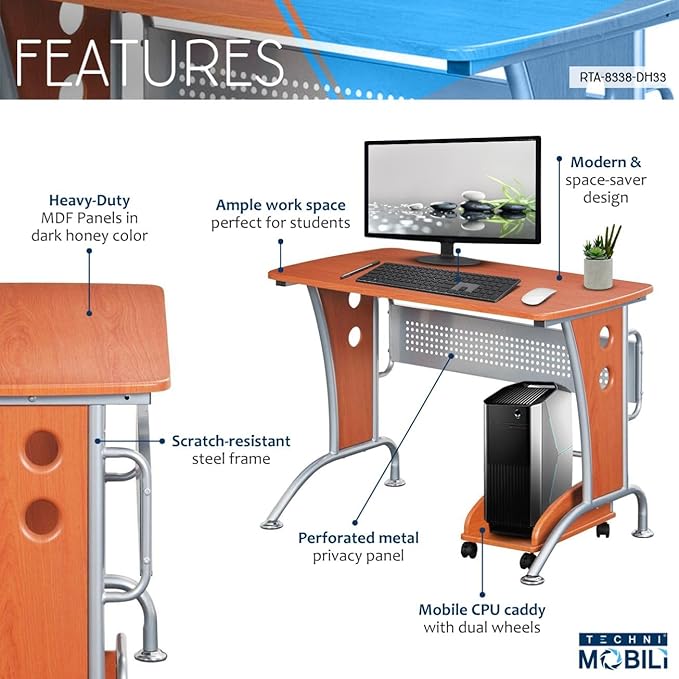 TECHNI MOBILI Modern Computer Desk With Mobile CPU Caddy. Color: Dark Honey