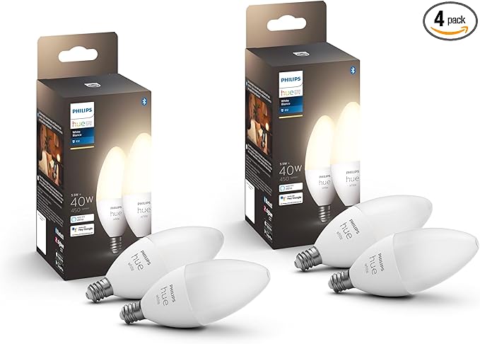 Philips Hue Smart 40W B39 Candle-Shaped LED Bulb - Soft Warm White Light - 4 Pack - 450LM - E12 - Indoor - Control with Hue App - Compatible with Alexa, Google Assistant and Apple Homekit