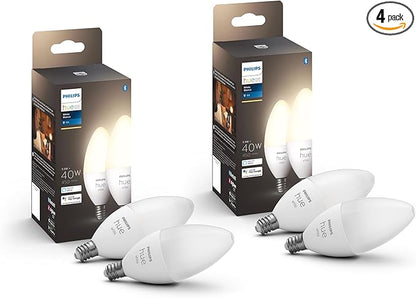 Philips Hue Smart 40W B39 Candle-Shaped LED Bulb - Soft Warm White Light - 4 Pack - 450LM - E12 - Indoor - Control with Hue App - Compatible with Alexa, Google Assistant and Apple Homekit