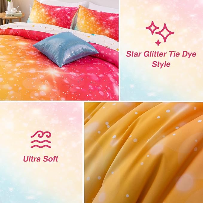 A Nice Night Gradient Glitter 6Pcs Bed in A Bag Bedding Set for Girls Full Size, Colorful Rainbow Galaxy Comforter Set, Ultra Soft Bedding Sets, YellowBlue