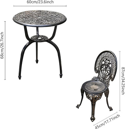 Patio Bistro Set.Rust-Resistant Cast Aluminum Bistro Table Set with Umbrella Hole for Backyard (Crown Copper)