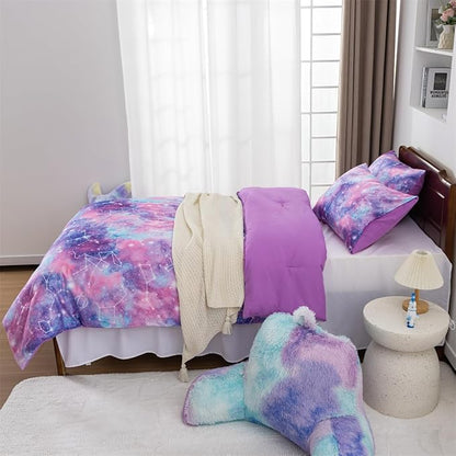 Holawakaka Tie Dye Galaxy Constellation Print Ombre Comforter Set Twin/Twin XL Size Girls Gradient Space Stars Dorm Bedding Set (Purple,Twin)