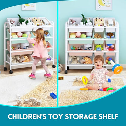 Kids Toy Storage Organizer with 12 Plastic Bins, 4-Tier Metal Toy Storage Rack, Metal Toy Organizer with Storage Bins for Kids Room, Playroom and Nursery, Multi-Color