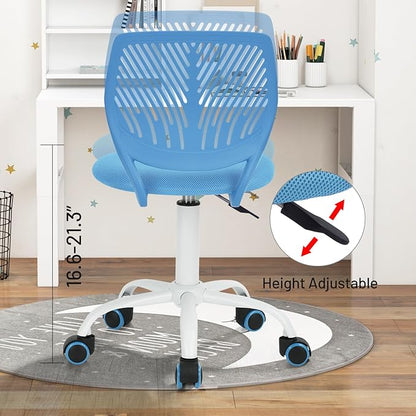 FurnitureR Desk Chair Small Study Chairs Armless for Child Kids Teens, Swivel Rolling Lightweight Task Chair with Wheels and Mesh Padded Cushion, Blue