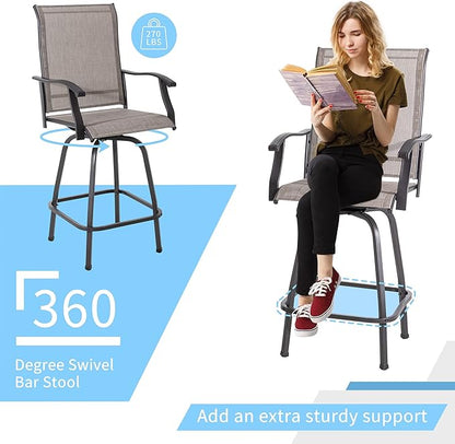 Shintenchi Patio Swivel Bar Set, All Weather Textile Fabric Outdoor High Stool Bistro Set with 2 Bar Chairs and Glass Table for Home, Backyard, Garden, Lawn, Porch (Brown), 3 Pieces