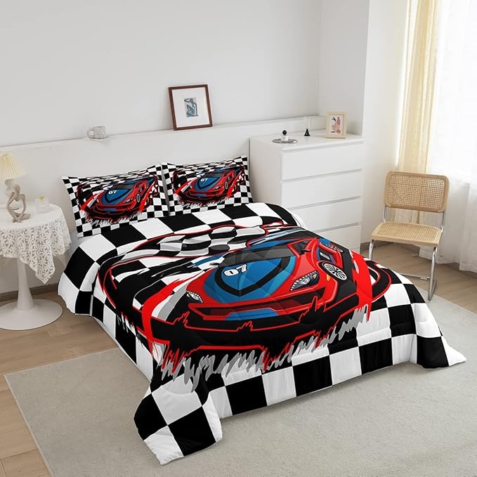 Red Race Car Bedding Set King Size Cool Racing Car Comforter Set Competition Extreme Sports Game Down Comforter for Kids Boys Girls Teens Bedroom Decor Plaid Pattern Duvet Insert with 2 Pillowcases